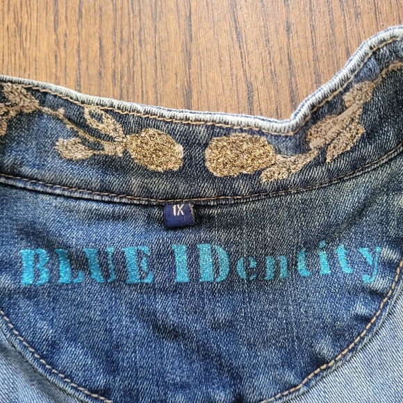 Blue Identity Gold Floral Metallic Open Front Blue Denim Jacket Size Women's 1X - Picture 10 of 11